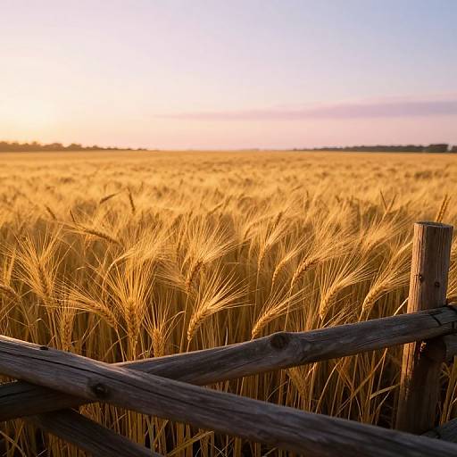 Photograph of a golden wheat field at sunset, viewed through a rustic wooden fence, with a clear blue sky in the background.