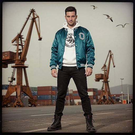 Confident Man in Teal Varsity Jacket