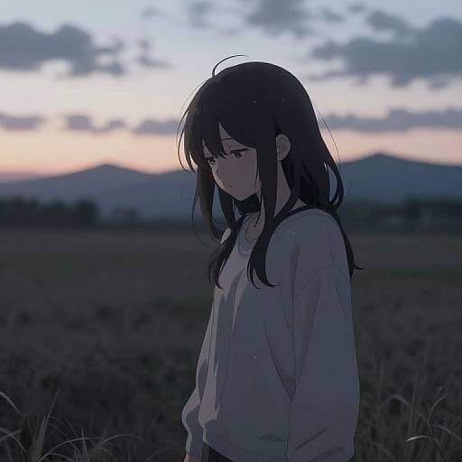 Digital anime-style drawing of a sad young woman with long black hair, wearing a white shirt, standing in a dark field at twilight. Mountain and cloudy