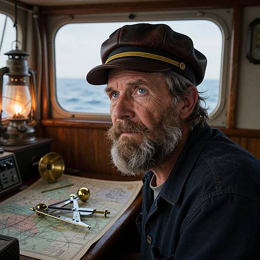 Photograph of a grizzled, bearded old man with blue eyes, wearing a brown cap and navy shirt, inside a wooden ship's cabin