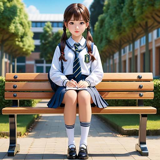 Detailed Schoolgirl on Bench Artwork