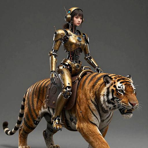 Photorealistic Mechanical Girl Riding Tiger