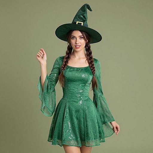 Photograph of a young woman with long brown braids, wearing a green sequined witch dress and black hat, standing against a plain green background.