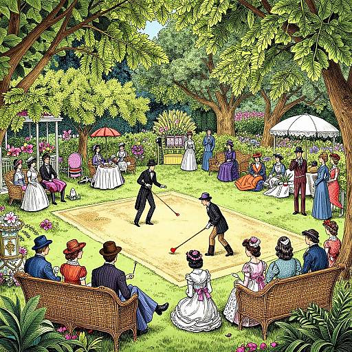 Victorian-era outdoor croquet game, vibrant colors, detailed illustration, men and women in period clothes, lush garden, trees, white tent, spectators