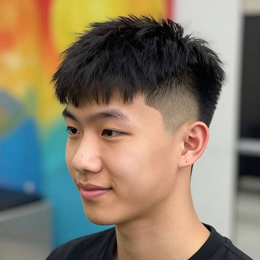 Photograph of an Asian male with short, black, spiky hair, side-swept fringe, and a small mole on his right cheek,