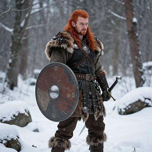 Photograph of a red-haired Viking warrior with fur-trimmed armor, shield, and sword, standing in a snowy forest. Intense expression,