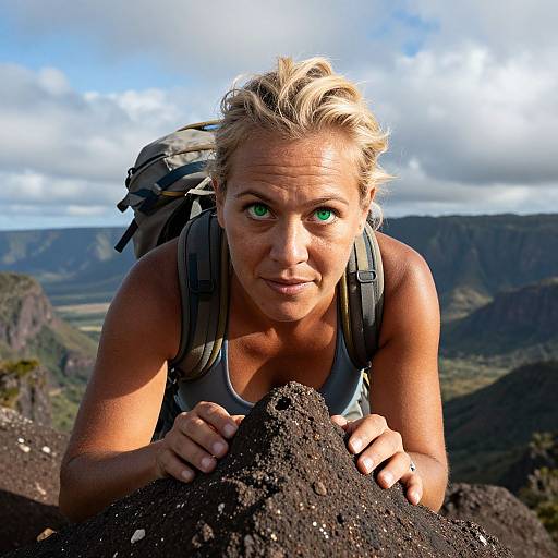 Photograph of a determined blonde woman with green eyes, wearing a gray tank top and backpack, crawling over rocky terrain with a mountainous landscape and cloudy