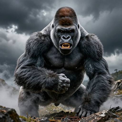 Photorealistic CGI of a massive, muscular silverback gorilla with dark fur, bared teeth, and intense expression, crouching on rocky
