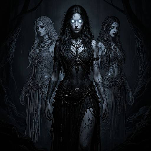 Digital artwork of three ethereal women with glowing white eyes, wearing intricate dark clothing, standing in a shadowy, blue-lit forest.