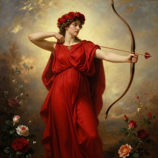 Classical painting of a fair-skinned woman with dark hair, wearing a red dress and rose crown, drawing a bow, surrounded by flowers.