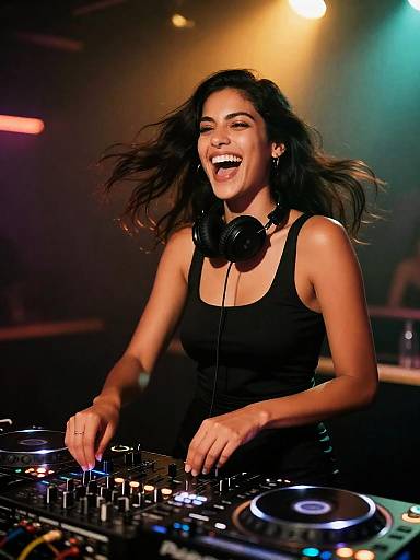 Energetic Female DJ Laughing in Nightclub