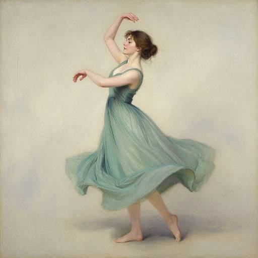 Classical painting of a barefoot, fair-skinned woman in a flowing, teal dress, gracefully dancing with one arm raised against a light, textured