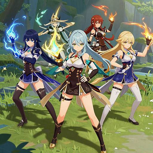Digital anime artwork of four magical girls in a forest, each wielding elemental fire or ice, with diverse hair colors and outfits.