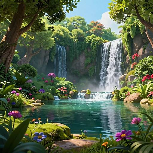 Digital fantasy landscape: lush forest, cascading waterfall, vibrant flowers, clear blue pond, sunlight filtering through greenery, serene and picturesque.