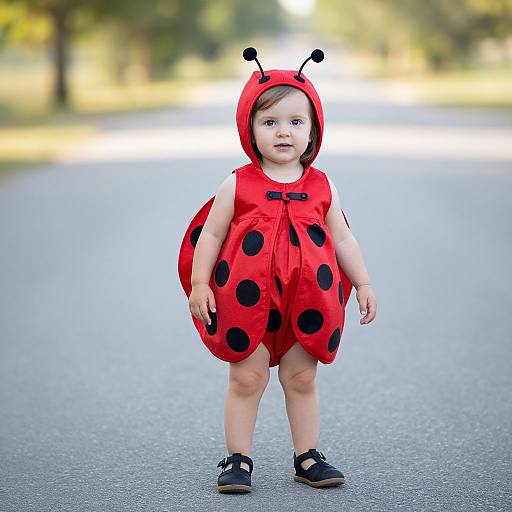 Photograph of a toddler in a red ladybug costume with black polka dots, antennae hood, and black shoes, standing on a sunny,