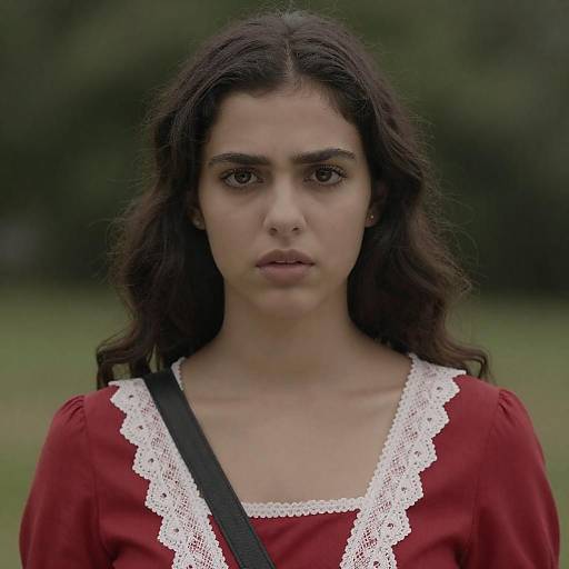Serious Woman in Red Lace Dress