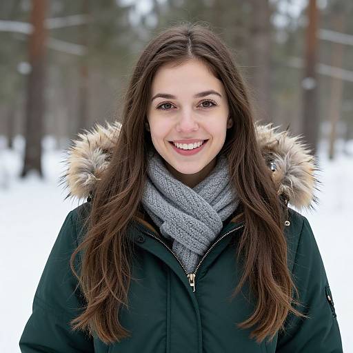 Photograph of a smiling young woman with long brown hair, wearing a black winter coat with fur hood, gray scarf, in a snowy forest.