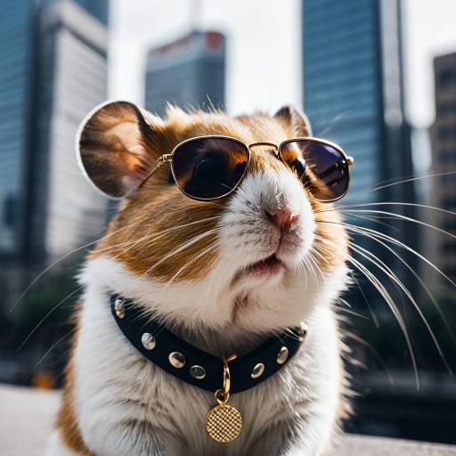 Hamster Wearing Sunglasses and Collar in Urban Setting