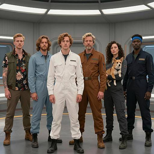 Futuristic Crew Standing in Sci-Fi Interior