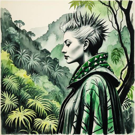 Surreal Woman with Spiked Hair and Tropical Rainforest
