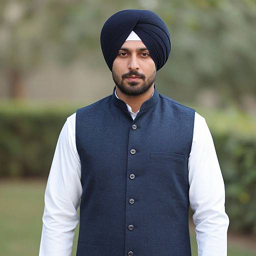 Photograph of a bearded South Asian man with dark skin, wearing a black turban, white shirt, and black vest, standing outdoors against a