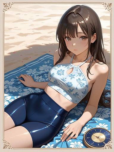 Girl in Blue High-Waisted Tankini on Beach Towel