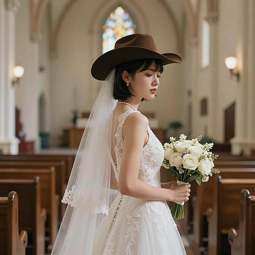Photograph of an Asian bride with short black hair, wearing a brown cowboy hat, white lace wedding dress, and veil, holding a bouquet of white