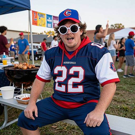 Photograph of a bearded man in a blue and red football jersey, number 22, wearing white sunglasses, sitting on a bench at a barbecue