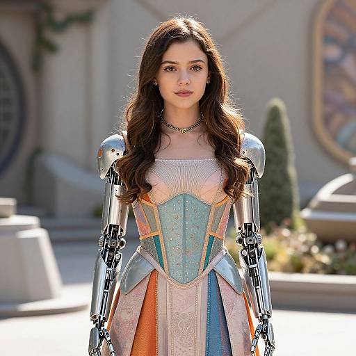 Photograph of a young woman with long brown hair in a colorful, medieval-style armored dress with metallic robotic arms, standing outdoors in a sunlit,