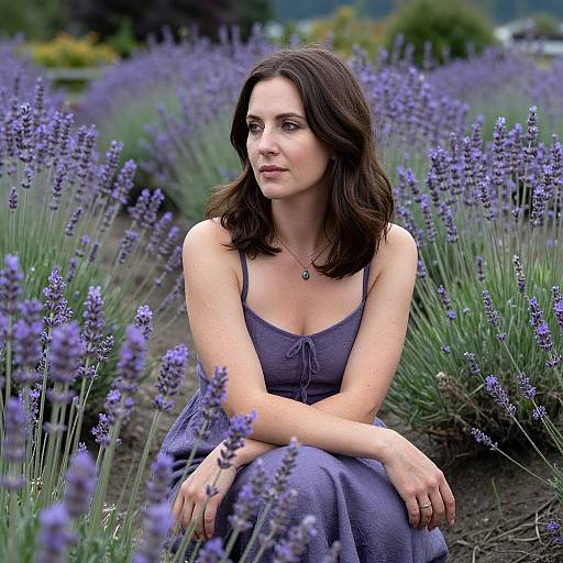 Photograph of a fair-skinned woman with shoulder-length brown hair, wearing a sleeveless purple dress, sitting among blooming lavender flowers in a garden
