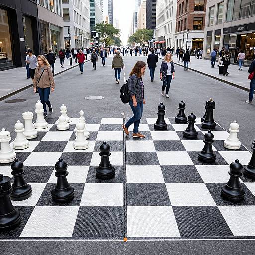 Photograph of a busy city street with a large black-and-white chessboard on the ground, a young woman in plaid shirt and jeans playing chess