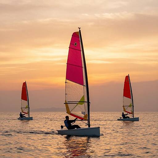 Photograph of three sailboats with vibrant red sails on calm water at sunset, silhouetted against a golden-orange sky.
