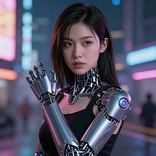 CGI image of an East Asian woman with long black hair, wearing a black top and cybernetic silver arms, in a neon-lit urban