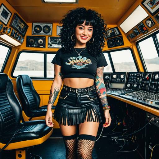 Fashionista with Curly Hair and Tattoos in Rig Control Room