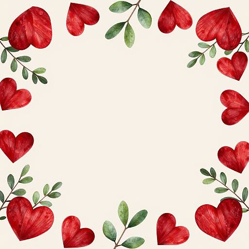 Romantic Red Hearts and Green Foliage Border
