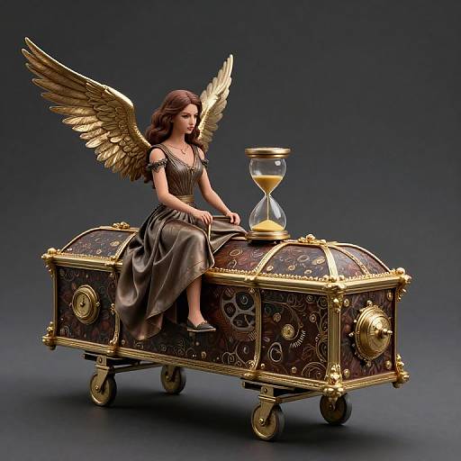 Digital artwork of a winged woman in a brown dress sitting on a gold and black ornate chest with an hourglass.