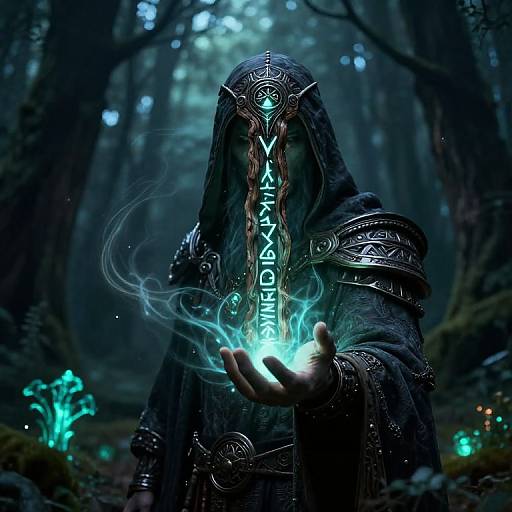 Mysterious dark-robed figure in enchanted forest, hood obscuring face, glowing blue runes on forehead, holding ethereal blue light in outstretched