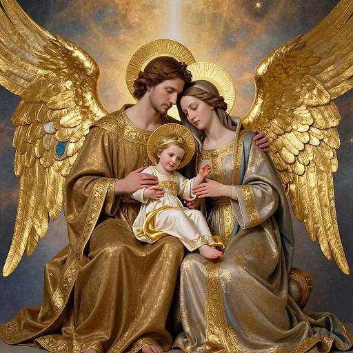 Photograph-like digital art of a golden-winged, bearded man and woman in ornate robes cradling a child with golden wings, against