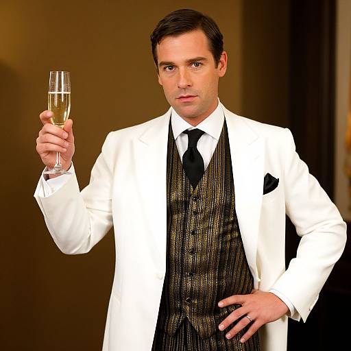 Photograph of a handsome man with short dark hair, wearing a white tuxedo, black pinstripe vest, and black tie, holding a
