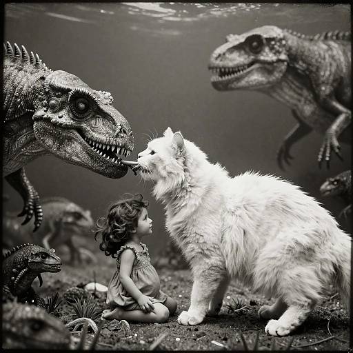 Black-and-white photograph of a white fluffy cat and a young girl standing face-to-face with menacing dinosaur models underwater.
