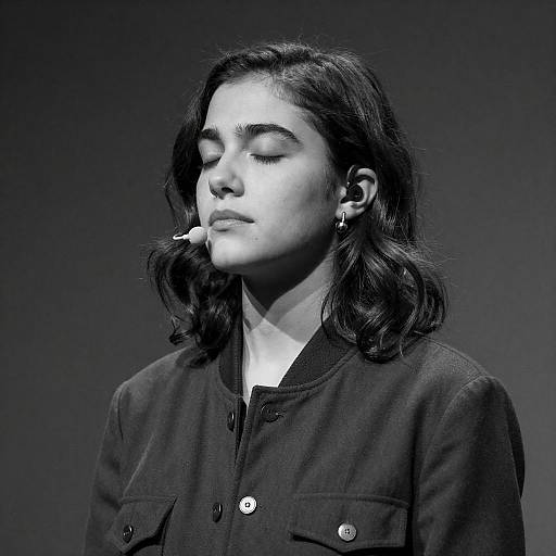 Grainy High-Contrast B&W Serene Headset Portrait