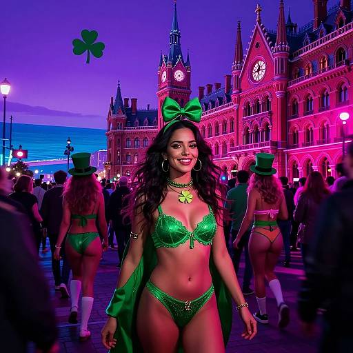 Photograph of a smiling woman in green lingerie and bow, top hat, and clover necklace, walking in a vibrant, neon-lit, St
