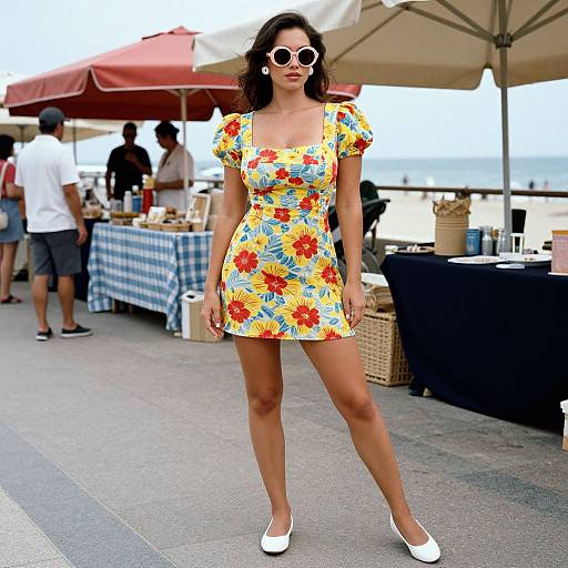 Photograph of a woman with long dark hair, wearing a colorful floral dress, white sunglasses, and white flats, standing at an outdoor market with beach