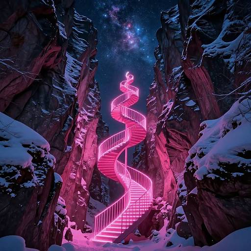 Neon pink spiral staircase glows in a snowy, starry forest with towering rock formations; a futuristic, magical winter wonderland. Digital art.