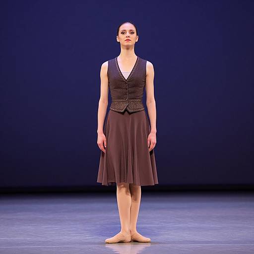 Photograph of a tall, slender woman with fair skin, dark hair in a bun, wearing a sleeveless black vest and knee-length pleated skirt