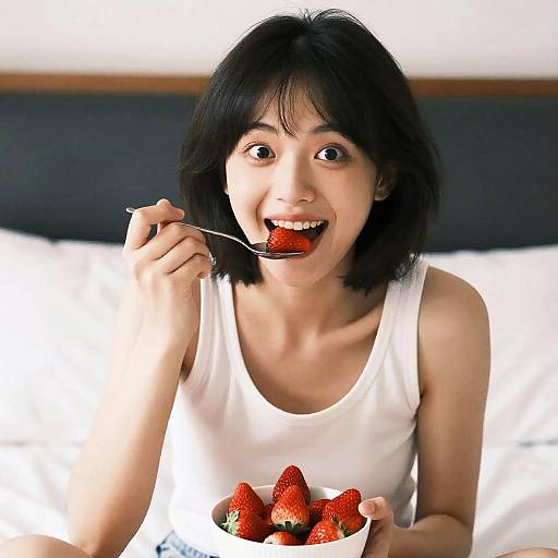 Young Woman Eating Strawberries in Bed