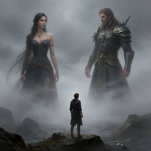 Digital fantasy artwork: Small cloaked man stands before towering armored man and dark-haired woman in misty, rocky landscape. Ethereal, mystical atmosphere.