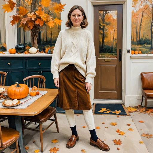 Woman in Oversized Sweater and Corduroy Skirt Thanksgiving Outfit