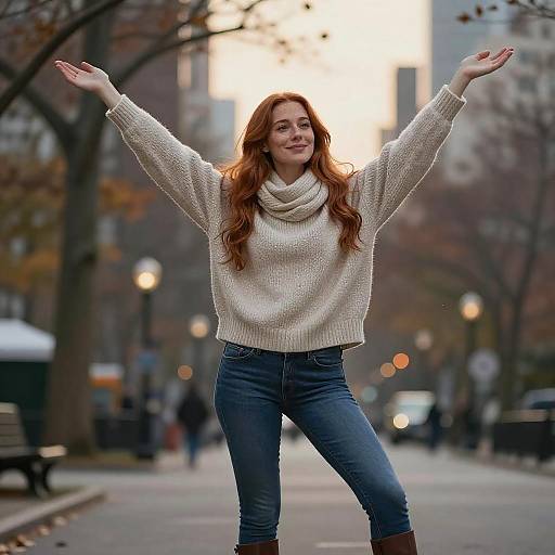 Photograph of a smiling redheaded woman with long wavy hair, wearing a white knit sweater, blue jeans, and brown boots, arms outst