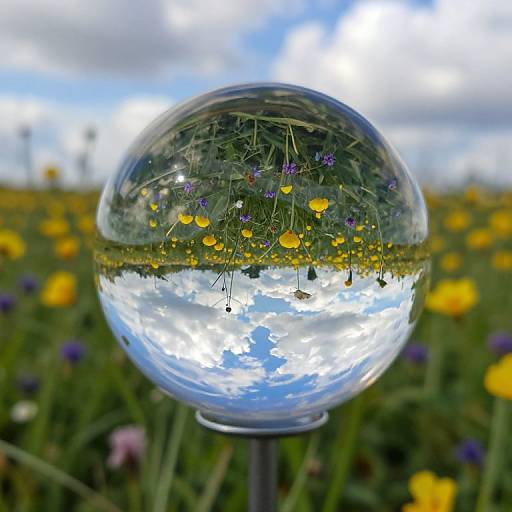 Photograph of a glass sphere on a stand, reflecting a field of yellow and purple flowers, with a cloudy blue sky background.